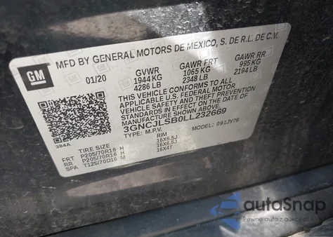 2020 Chevrolet Trax Fwd Lt из США, поврежденный, VIN 3GNCJLSB0LL232669